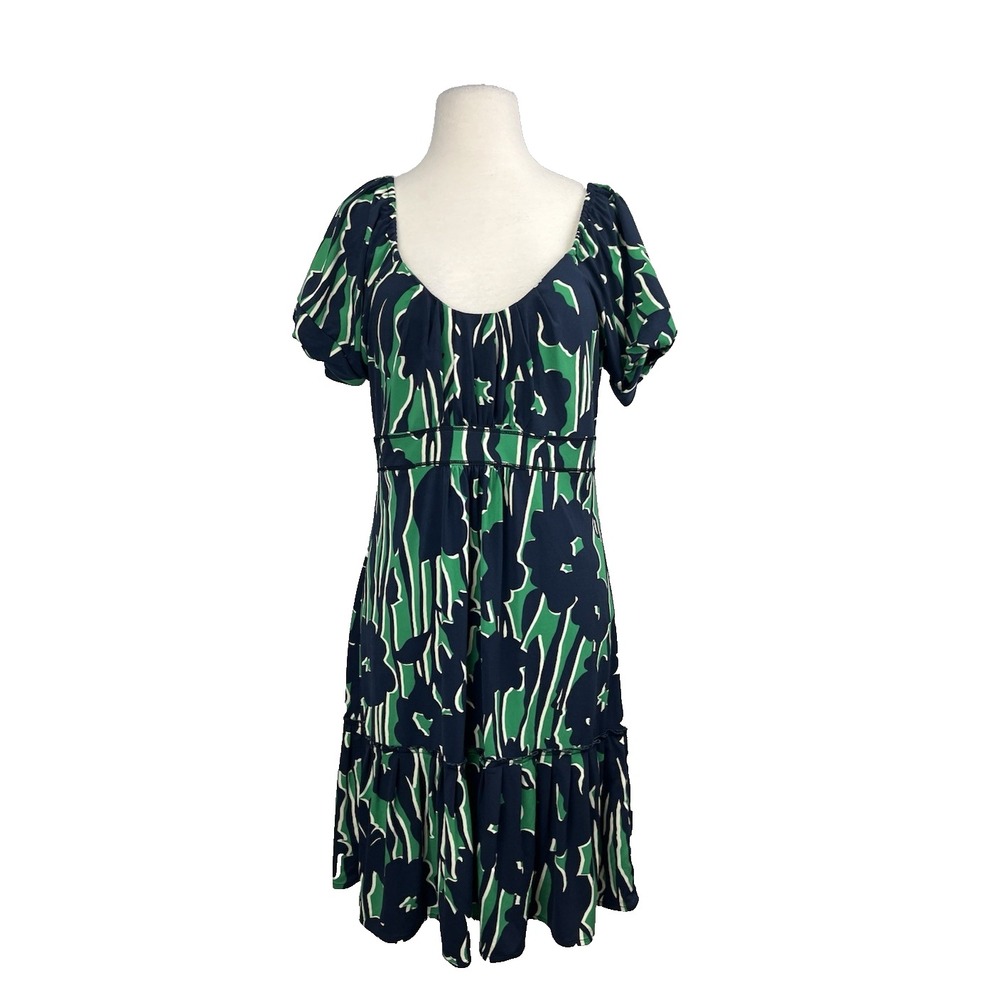 Y2K BCBG Floral Jersey Peasant Baby Doll Dress NWT Large Navy Kelly Green Print